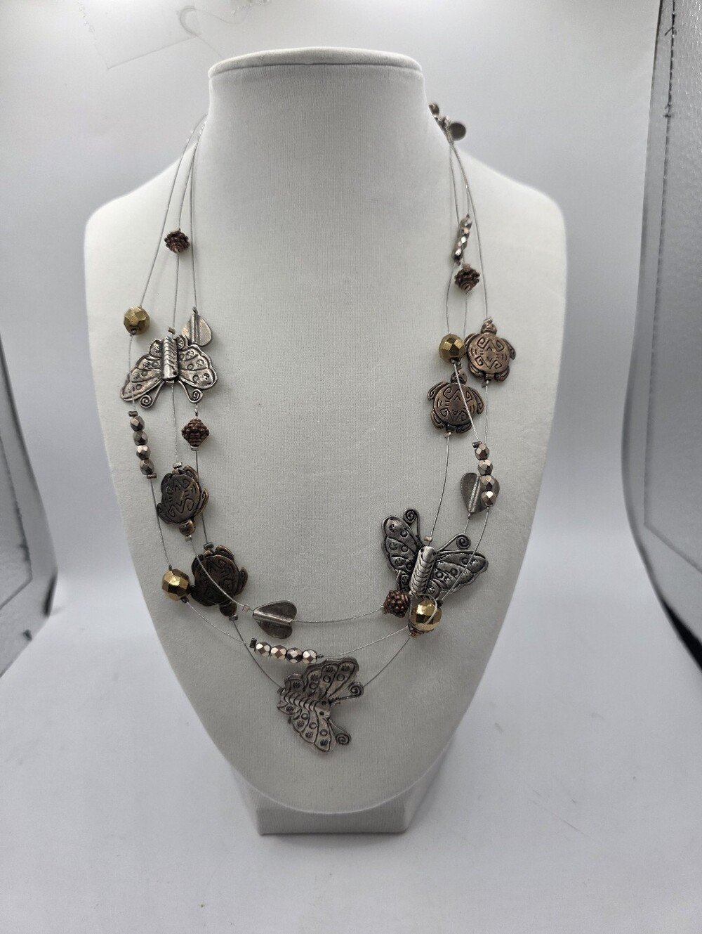​Vintage Chico's Multi Strand Illusion Necklace Butterfly Turtle Charms Silver